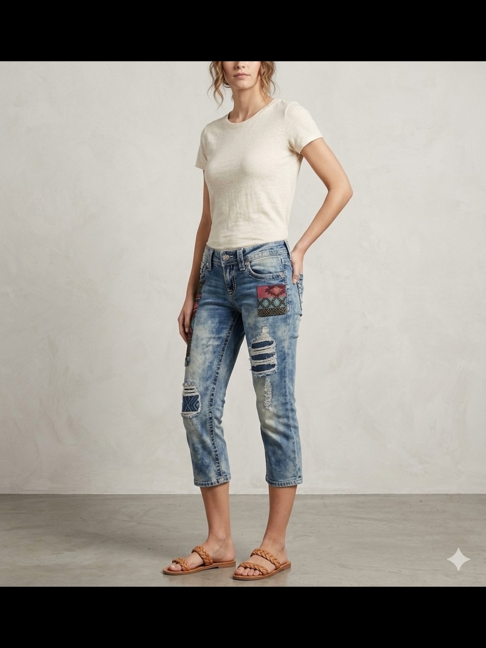 Miss Me Blue Distressed Capri Jeans with Embroidered Patchwork